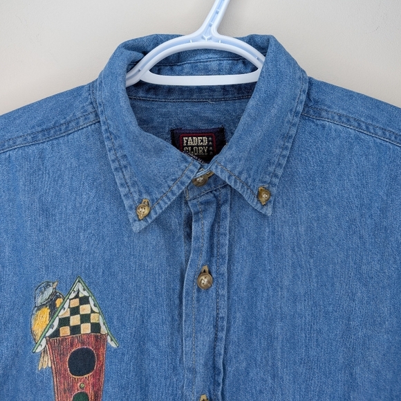Vintage 90s Faded Glory Bird Screen Print Button Down Denim Top Unisex Men's Med - Picture 7 of 10
